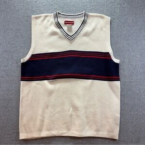 Vintage UNIONBAY Sweater Vest Mens M Wh/Blu/Rd Striped V Neck Pullover